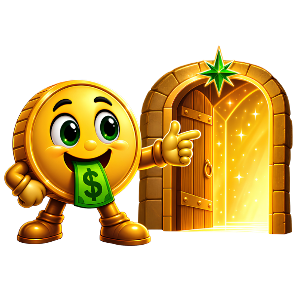 Cashola coin mascot standing before a glowing doorway